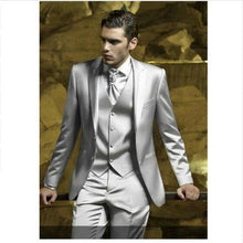 Load image into Gallery viewer, Custom Silver Grey Satin Men Suit Slim Fit Skinny Simple Stage Prom Outfit Blazer Men 3 Piece Men Suits (Jacket+Pants+Vest)